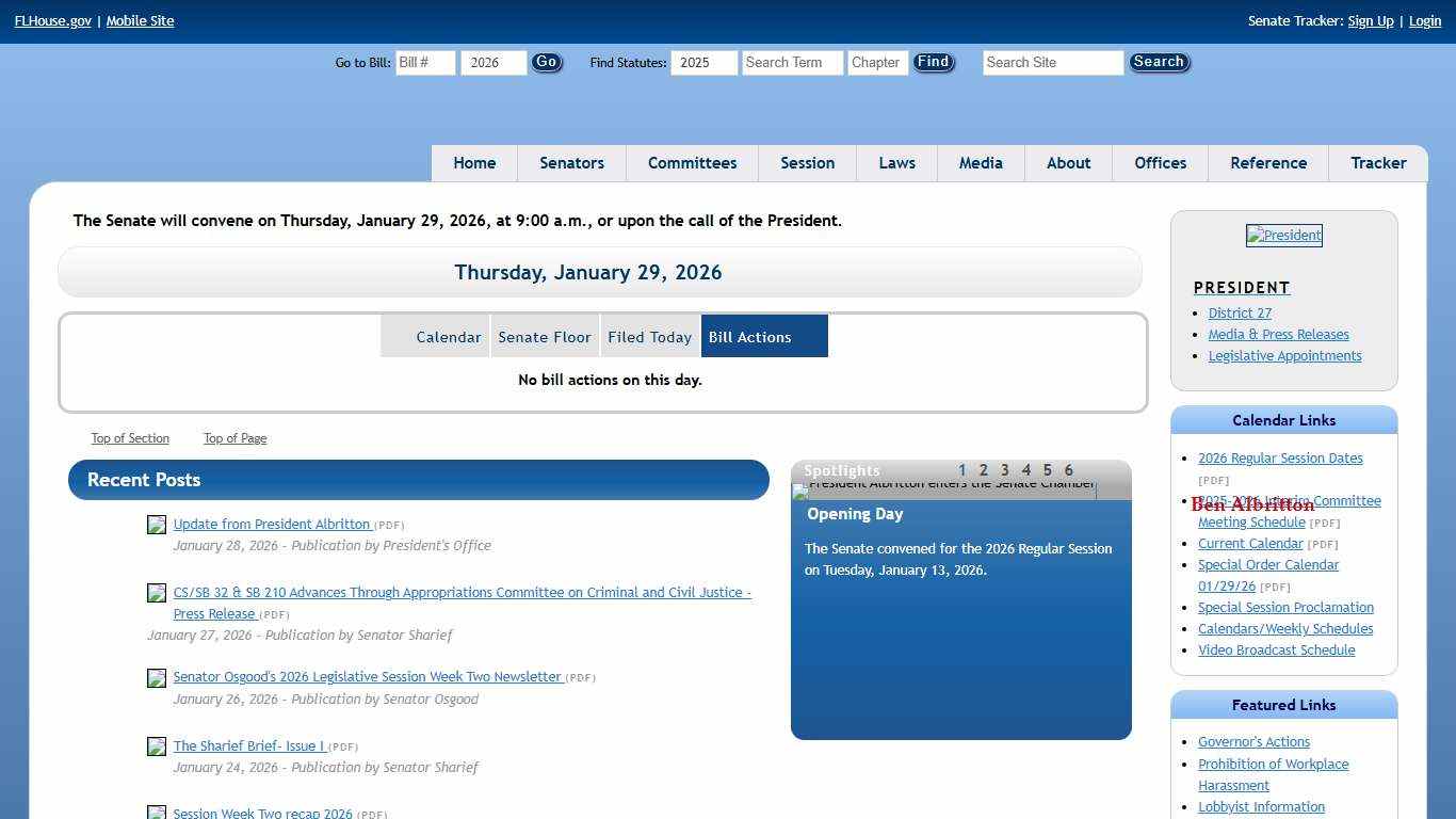 Bill Actions for 1/29/2026 - The Florida Senate